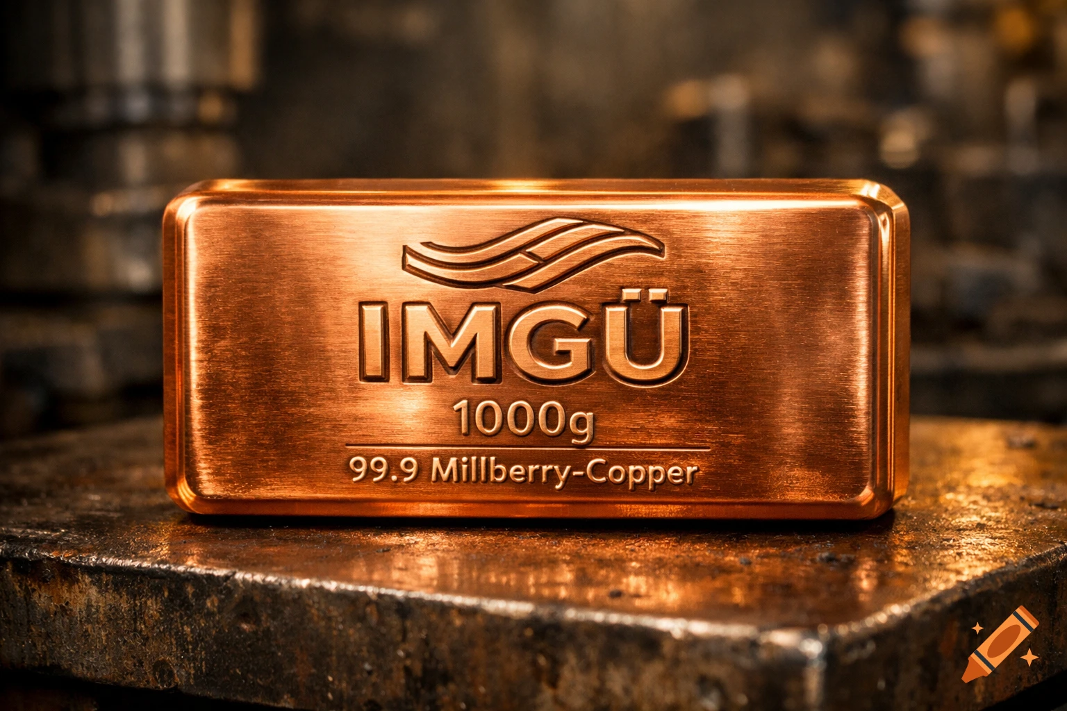 A shiny, rectangular copper bar with 'IMGÜ 1000g 99.9 Millberry-Copper' embossed on it, resting on a textured dark surface. Photorealistic.