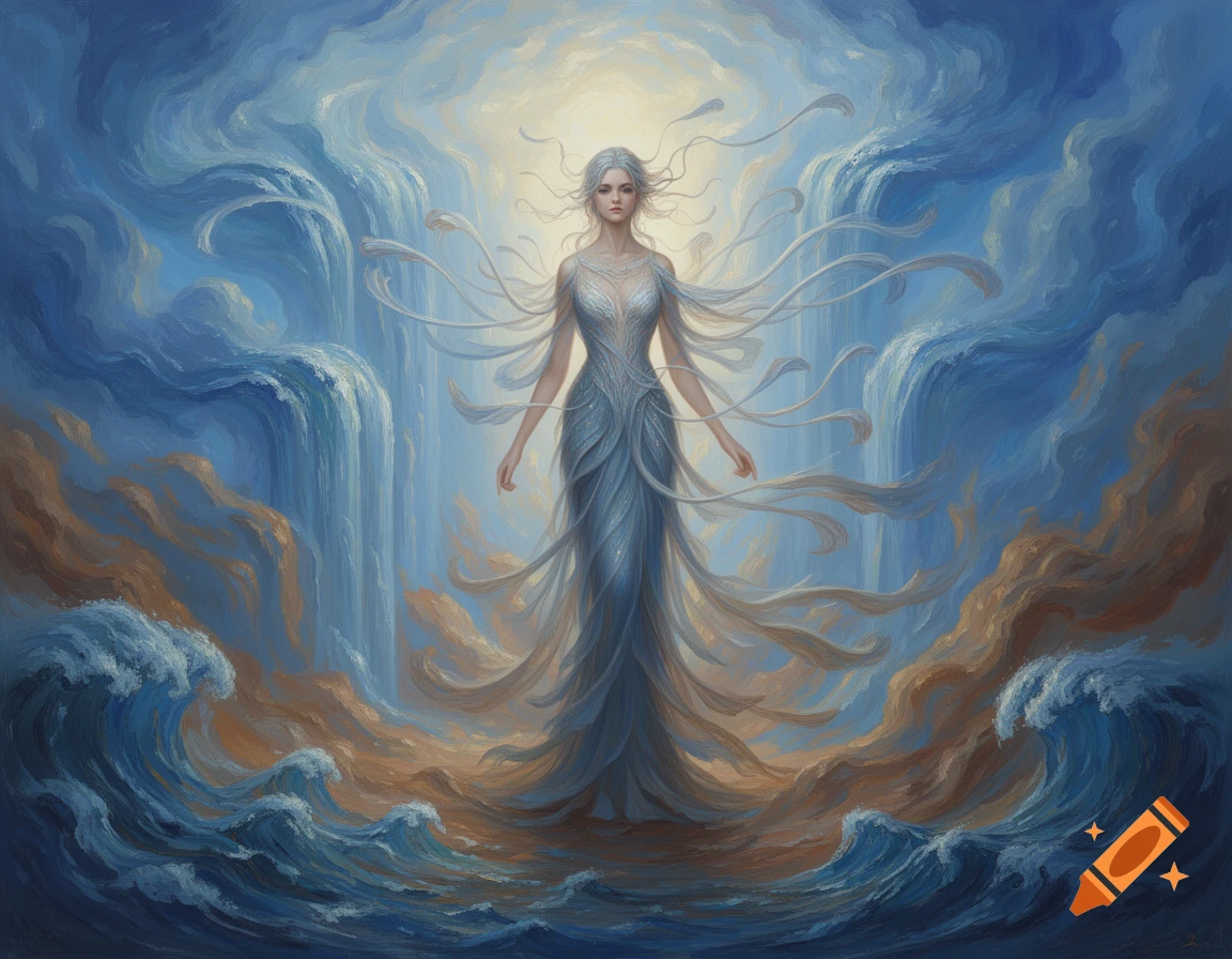 Painterly depiction of an ethereal goddess-like woman in a flowing blue gown, surrounded by waterfalls and swirling waves under a bright sky.
