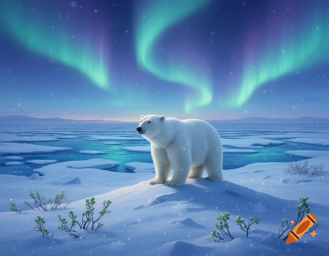 A majestic polar bear stands on a snowy hill, looking out over an icy sea under the vibrant green and purple northern lights.