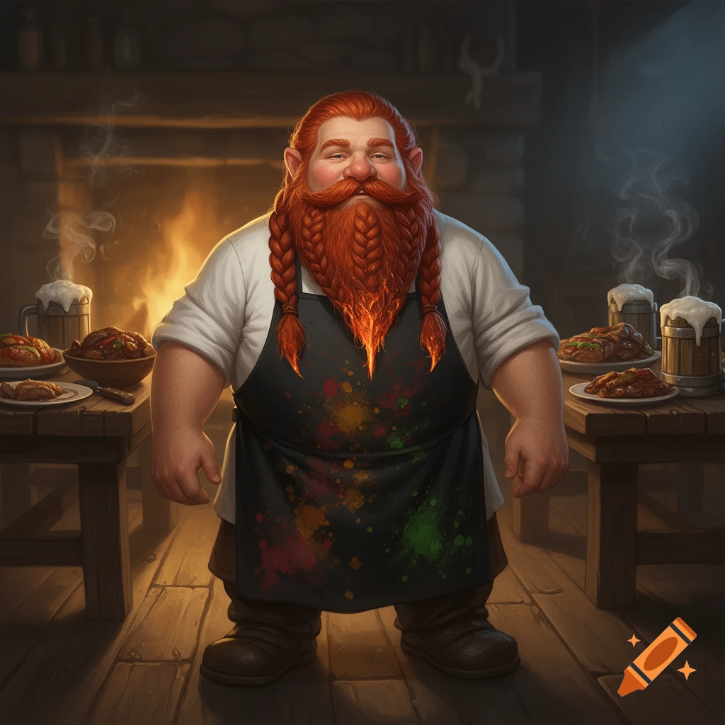 A burly dwarf chef with a long red braided beard and a stained black apron stands in a rustic tavern kitchen with food and drinks.