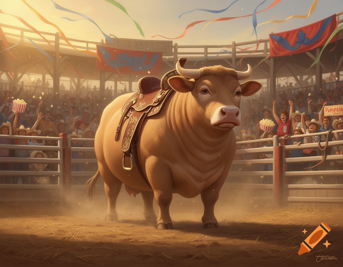 A fat, saddled cow stands in a dusty rodeo arena, surrounded by a cheering crowd under colorful streamers.