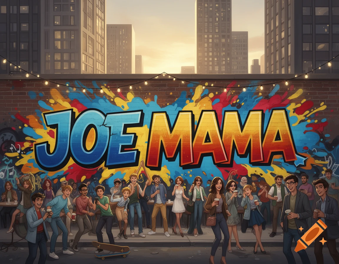 Cartoon illustration of people socializing at an urban gathering with string lights and a colorful 'JOE MAMA' graffiti mural on a brick wall.