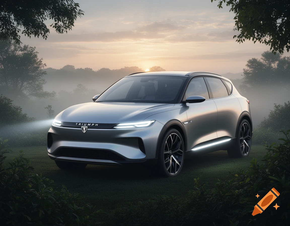 A sleek silver electric SUV with 'TRIUMPH' on its grille, parked on grass during a misty sunrise.