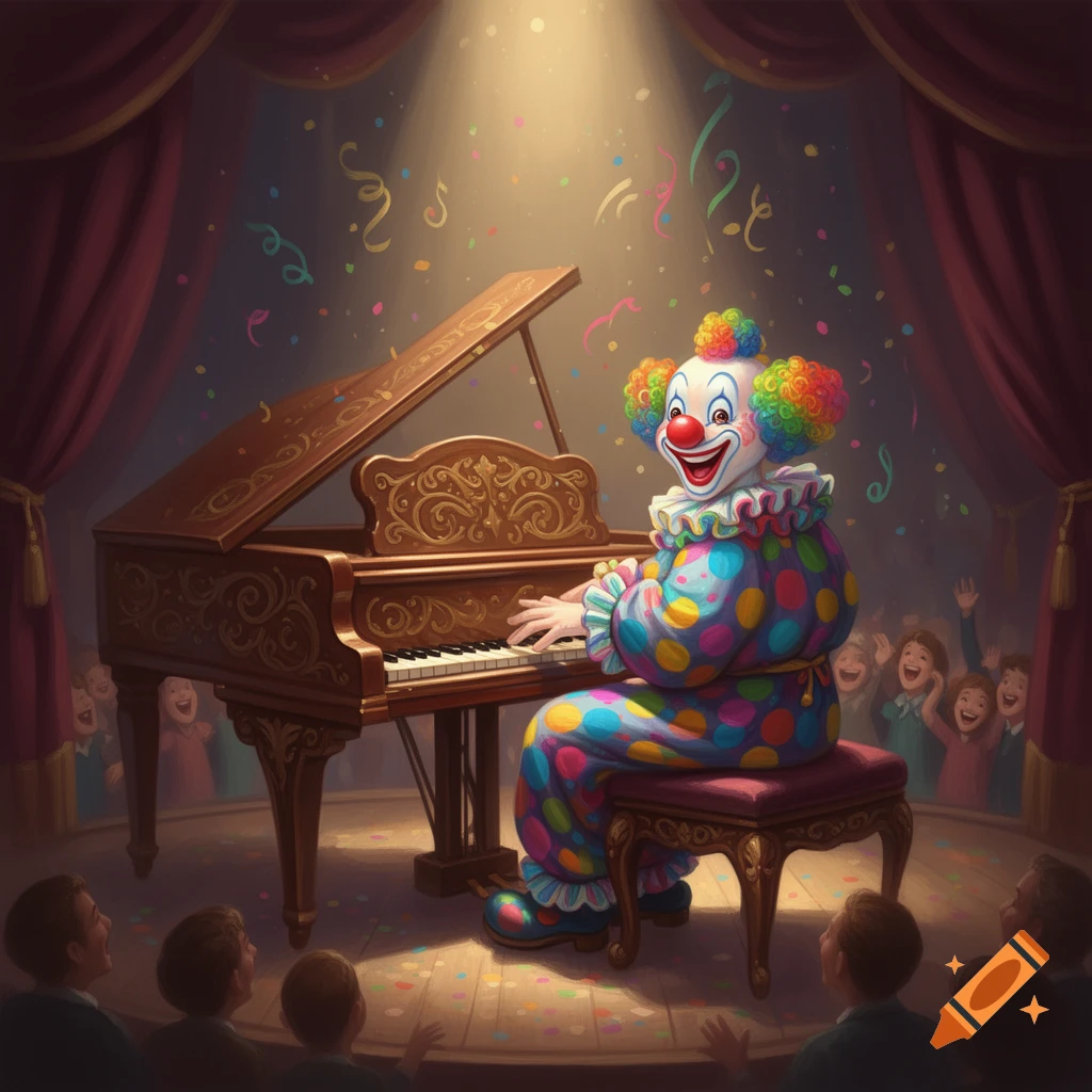 A colorful clown with rainbow hair plays a grand piano on a stage under a spotlight, with an audience and confetti.