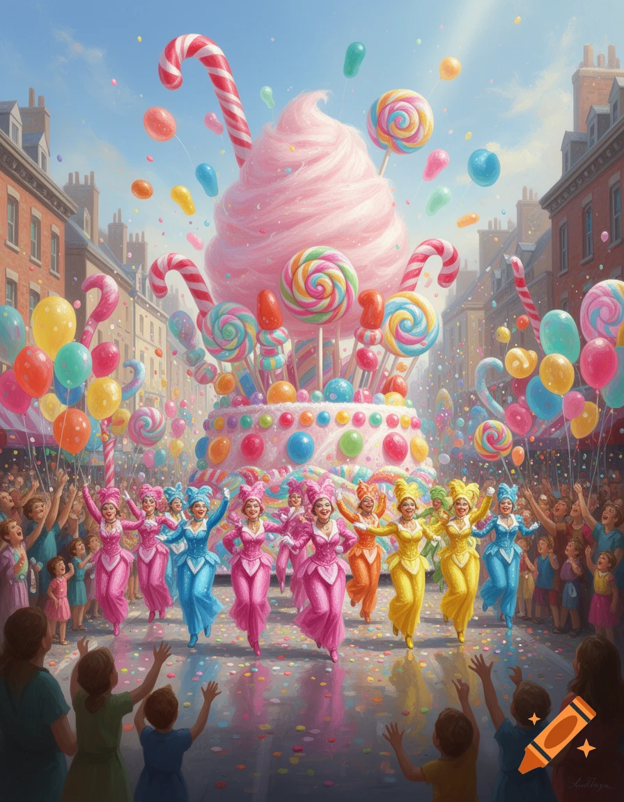 A vibrant candy parade fills a city street, featuring dancers in colorful costumes, a giant candy float, balloons, and cheering spectators.