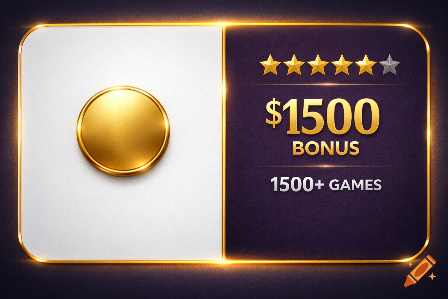 A gold-framed casino comparison card with a gold coin on a white left panel and a dark purple right panel showing 4.5 stars, a $1500 bonus, and 1500+ games.