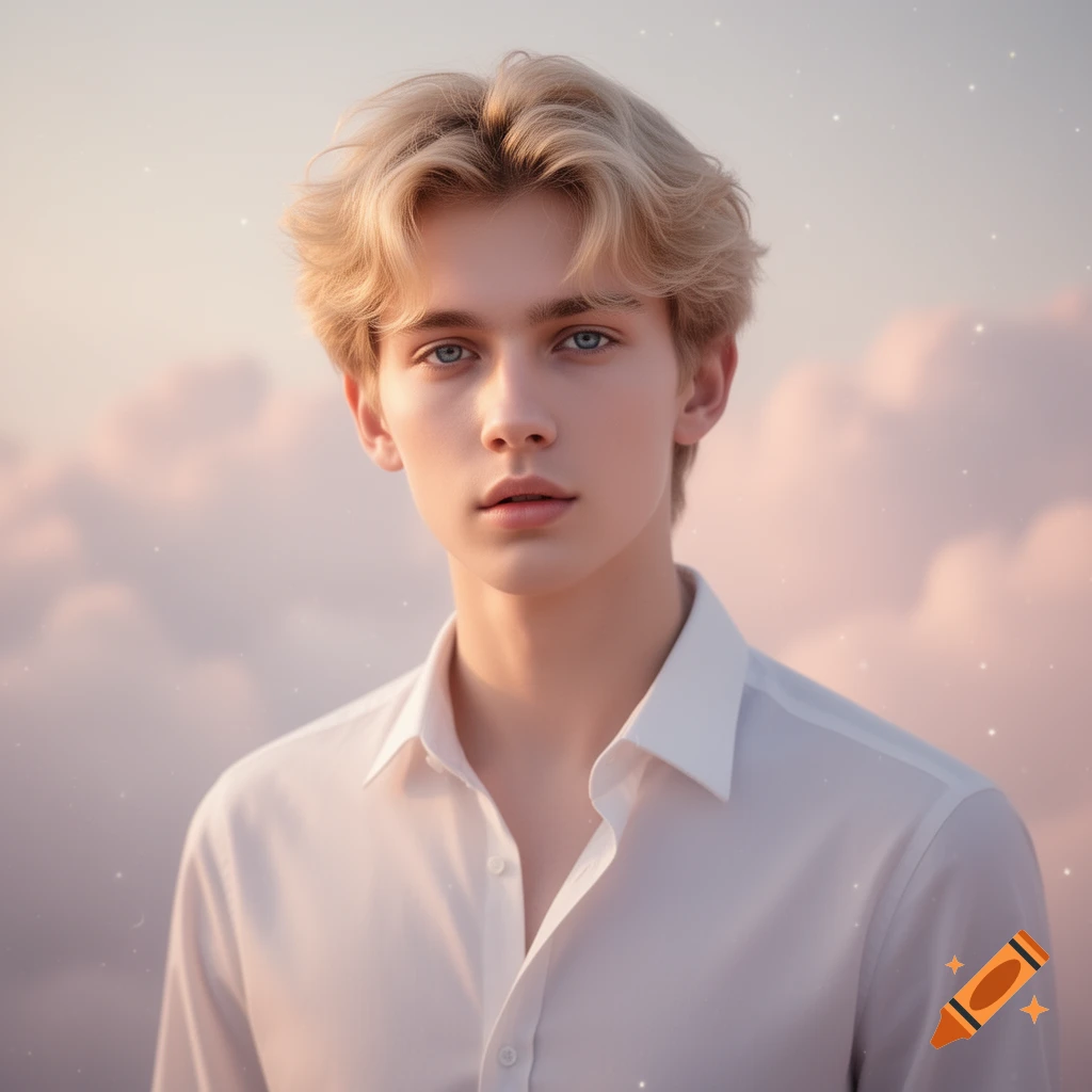 Young man with blond hair and blue eyes, wearing a white shirt, against a pastel sky with pink clouds and faint sparkles.