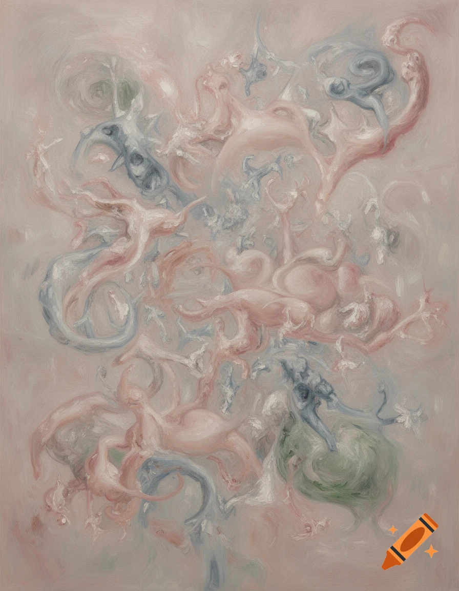 Abstract oil painting with swirling, organic forms in pink, blue, and green on a muted background.