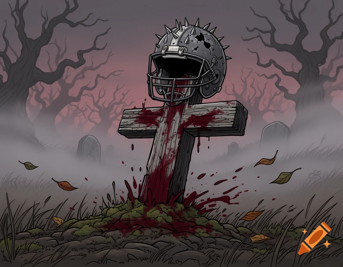 Cartoon graveyard with a blood-splattered wooden cross, topped by a broken, spiked football helmet amidst fog and bare trees.