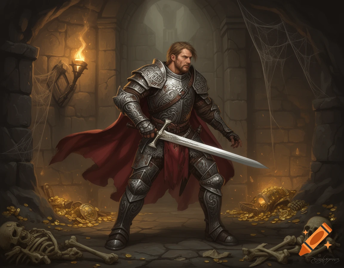 A knight in ornate armor with a red cape stands holding a sword in a dark, torchlit dungeon filled with skeletons and gold, fantasy art.