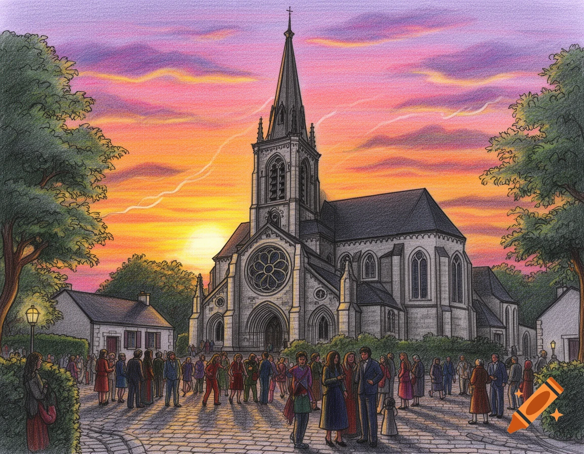 Colored drawing of a large church with a tall steeple against a sunset sky, with a crowd of people gathered outside.