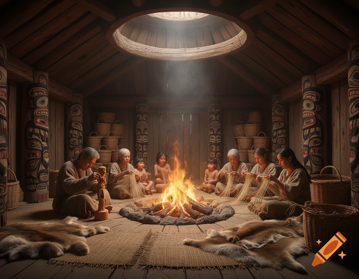 Photorealistic interior of a Pacific Northwest Coast longhouse with families carving, weaving, and tending a central fire.