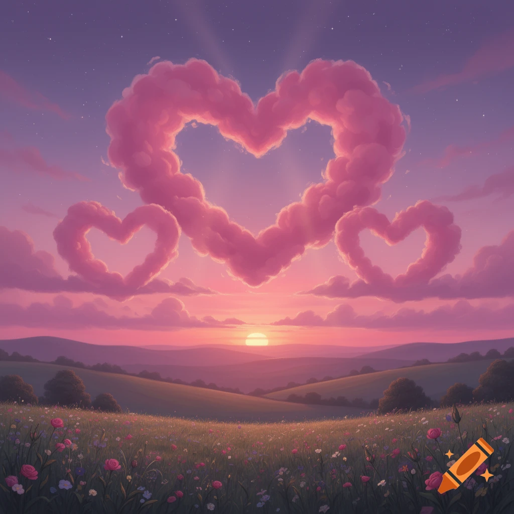 Dreamy landscape with pink heart-shaped clouds in a purple and pink sunset sky over rolling green hills and a field of wildflowers.