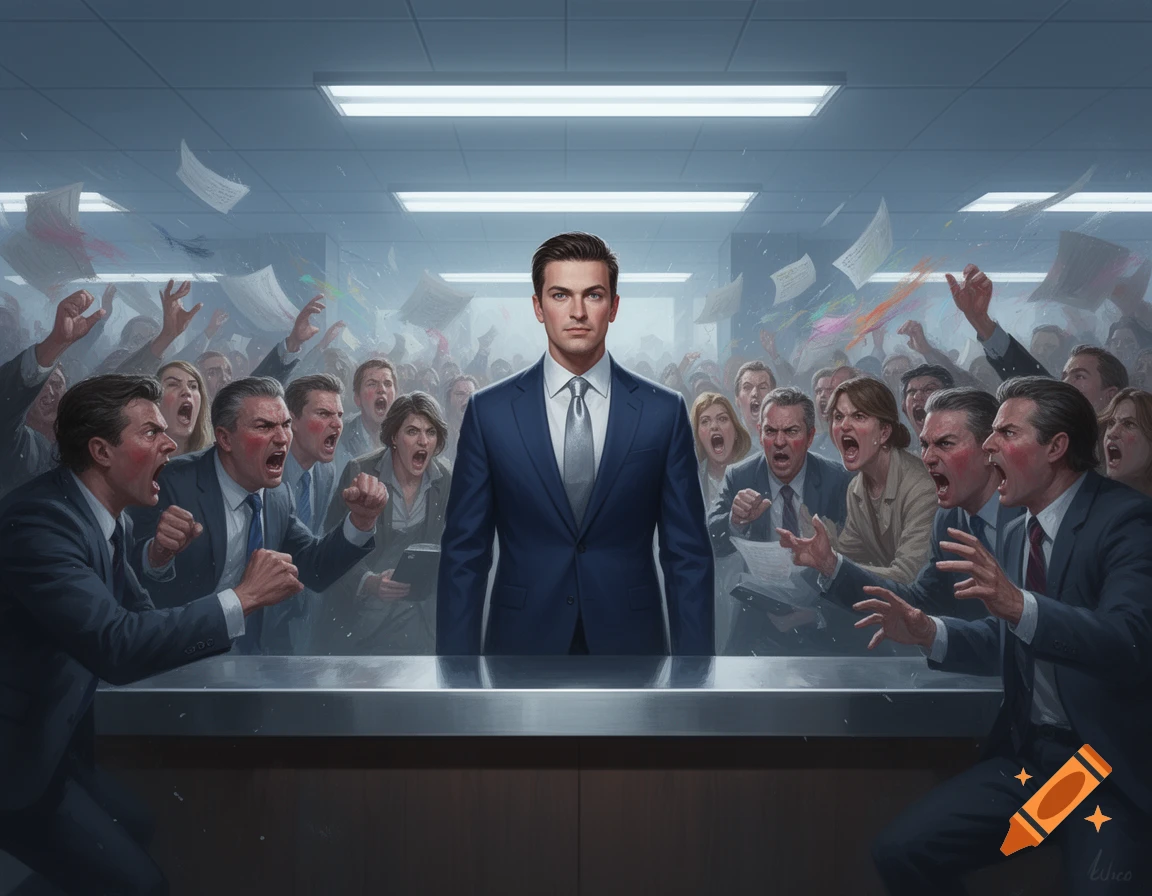 A calm man in a suit stands behind a counter, surrounded by a chaotic, shouting crowd of angry businesspeople in an office with papers flying.