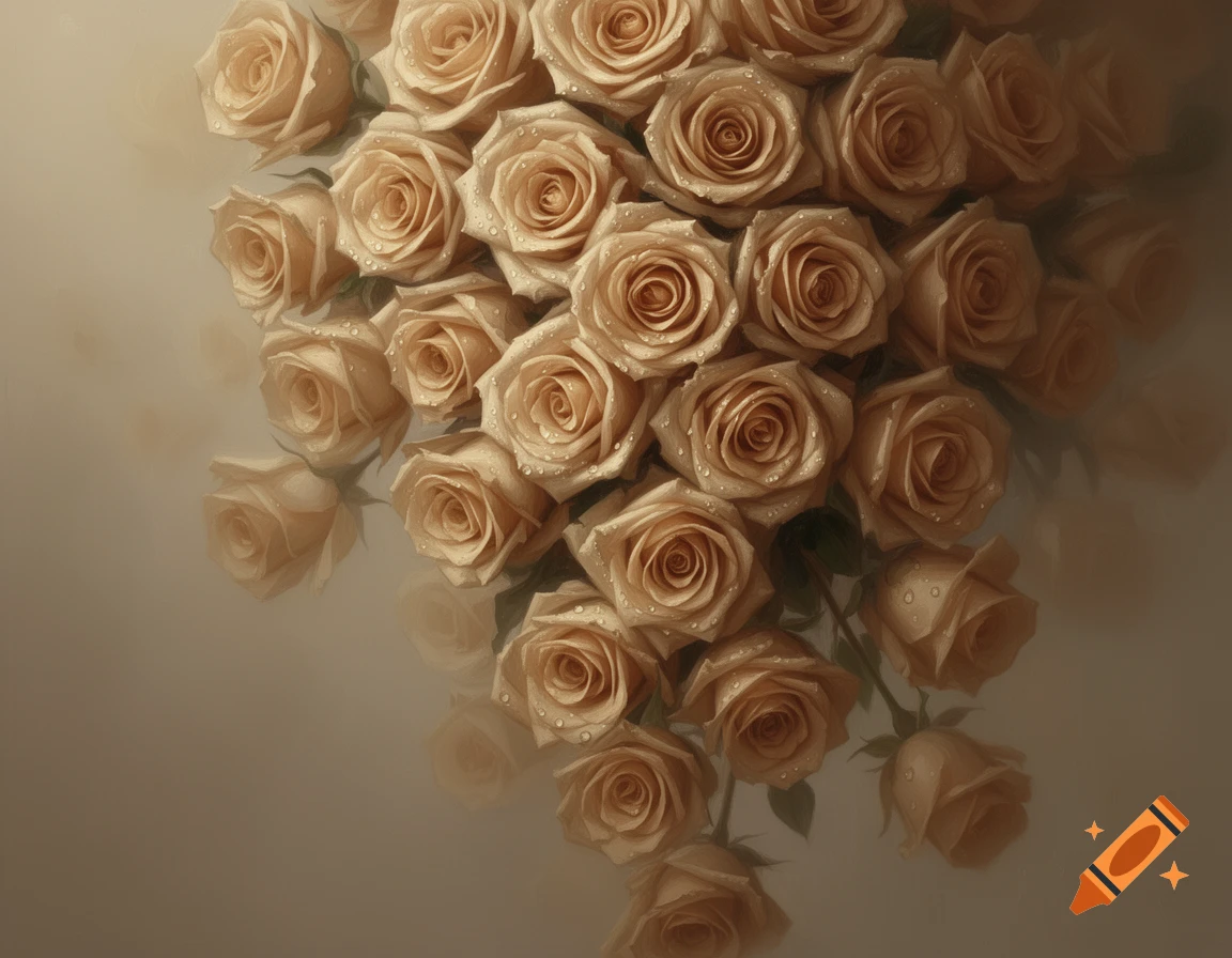 Many light brown roses with water droplets, arranged closely and fading into a soft, blurry background. Photorealistic style.