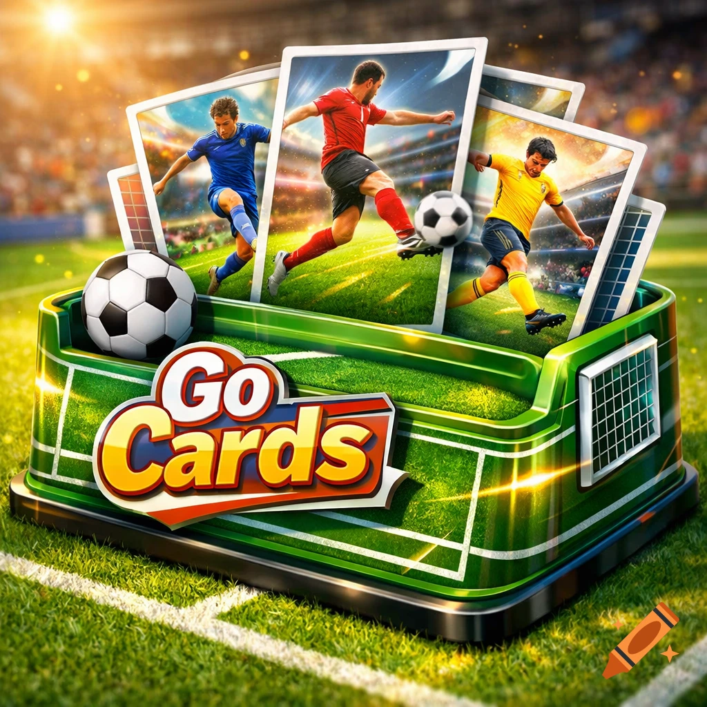 A vibrant soccer-themed card holder with a "Go Cards" logo, surrounded by trading cards featuring players and soccer balls on a grass field.