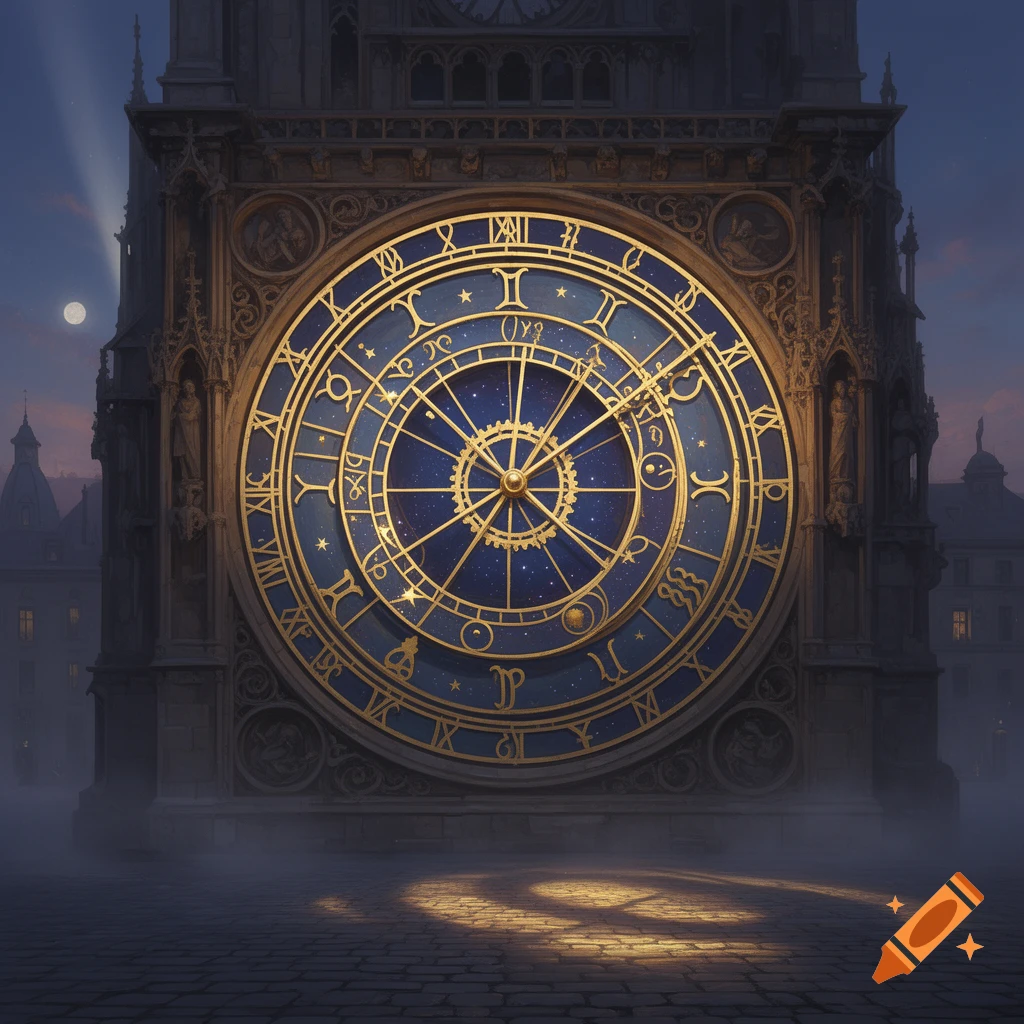 Ornate astronomical clock with golden Roman numerals and zodiac signs on a deep blue face, set in a Gothic building at night.