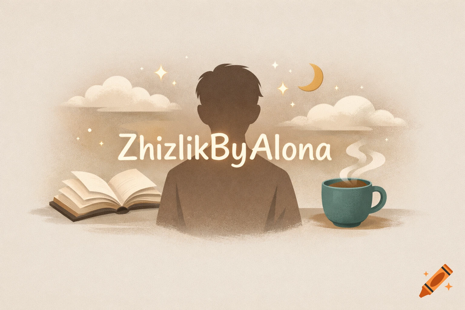 Stylized, minimalist, cozy avatar illustration with a person's silhouette, book, steaming mug, clouds, stars, and moon. Text says 'ZhizlikByAlona'.