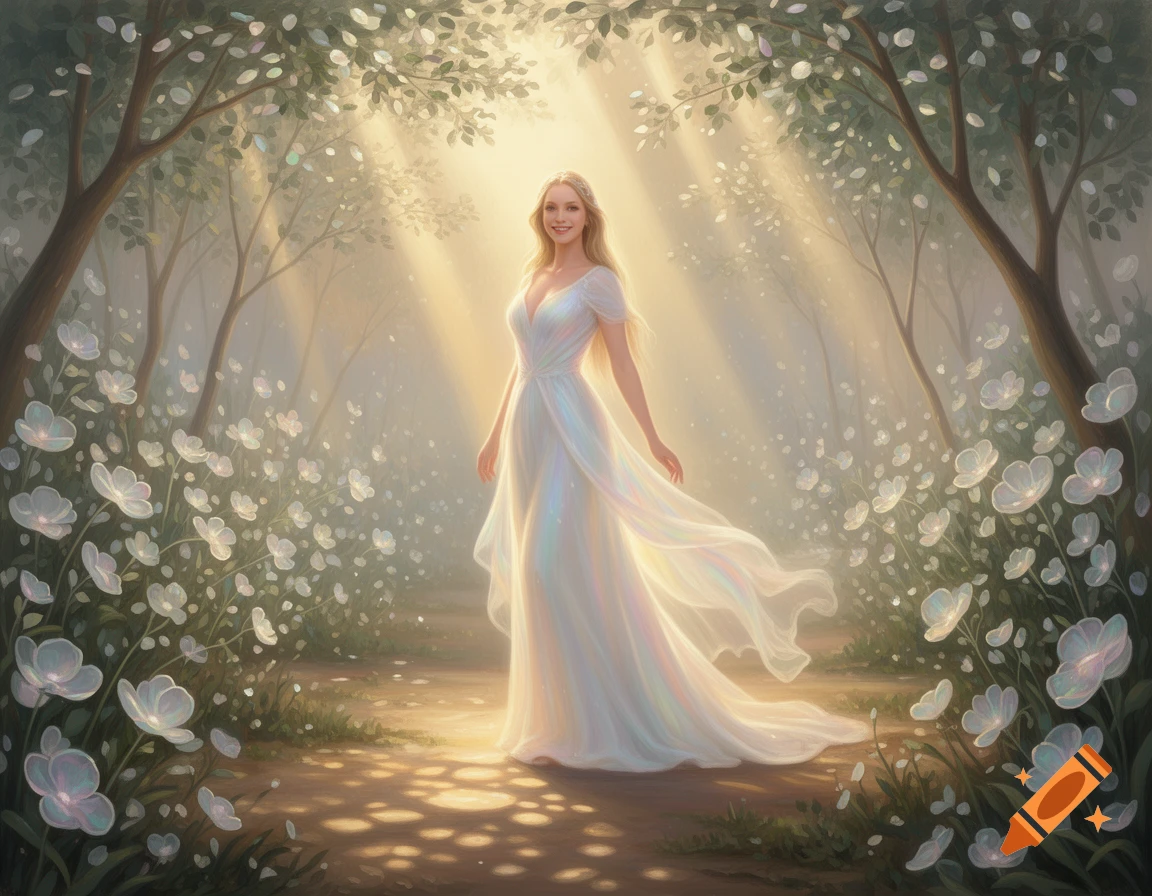 A smiling woman in a flowing white dress stands in a magical forest ...