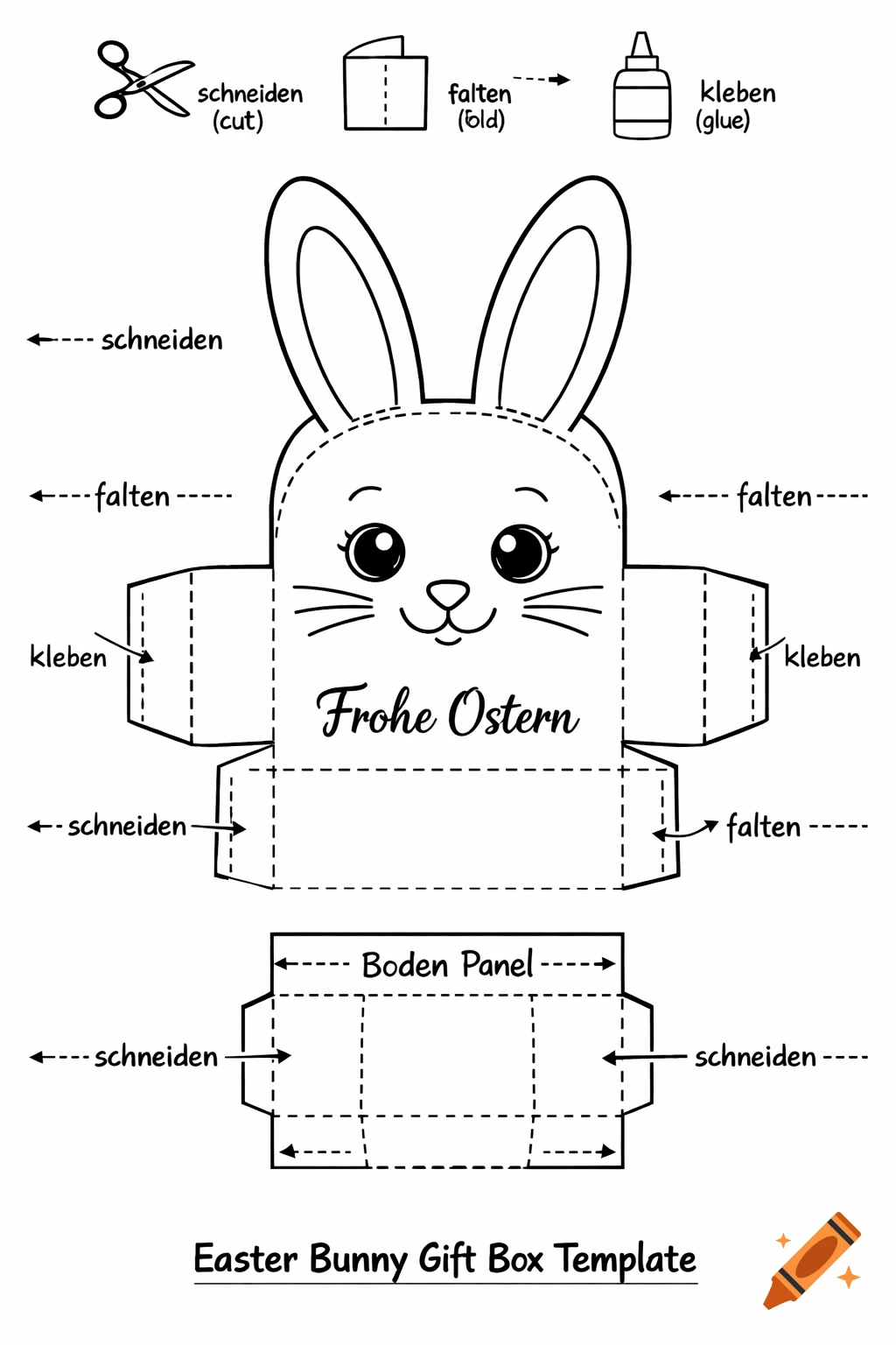 Black and white line art template for an Easter bunny gift box, showing cut, fold, and glue instructions with a cute bunny face and 'Frohe Ostern' text.