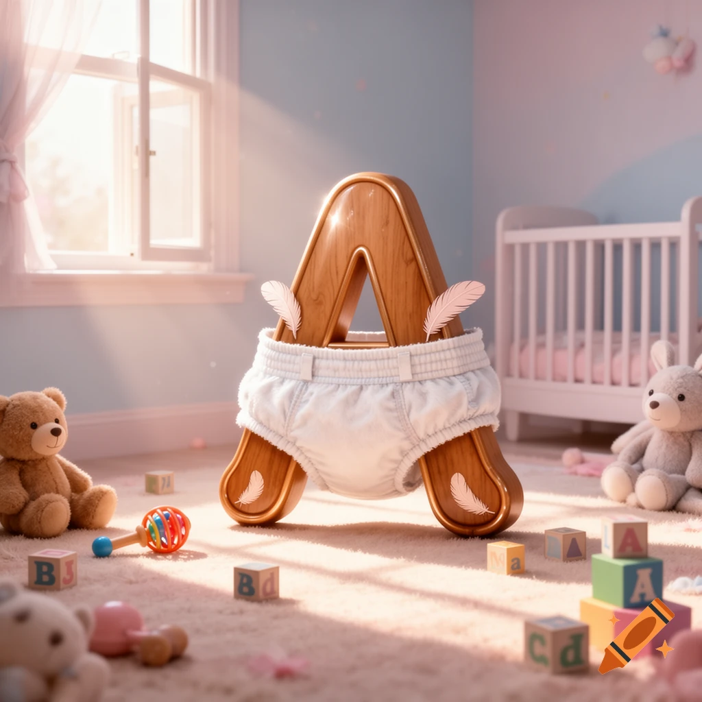 A large wooden letter 'A' wearing a diaper in a sunlit baby's nursery with toys and a crib, photorealistic style.