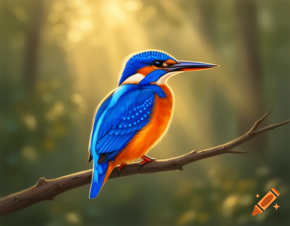 A vibrant blue and orange kingfisher bird perches on a branch with ...