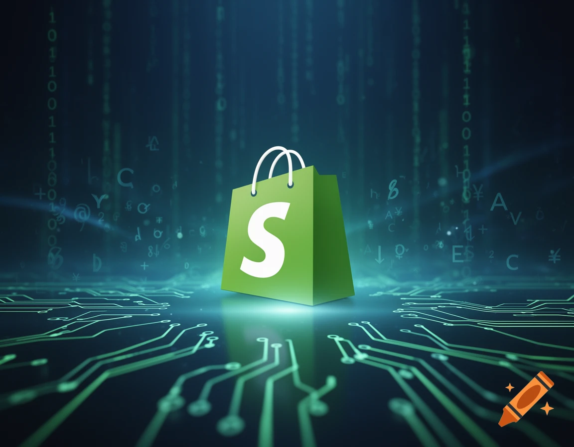 A glowing green Shopify shopping bag logo sits on a circuit board network with binary code in a digital setting.