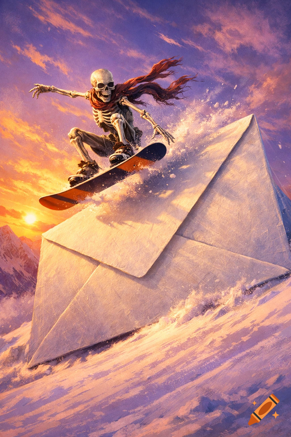 A skeleton in a red scarf snowboards down a giant envelope in a vibrant, snowy mountain landscape at sunset, illustration.