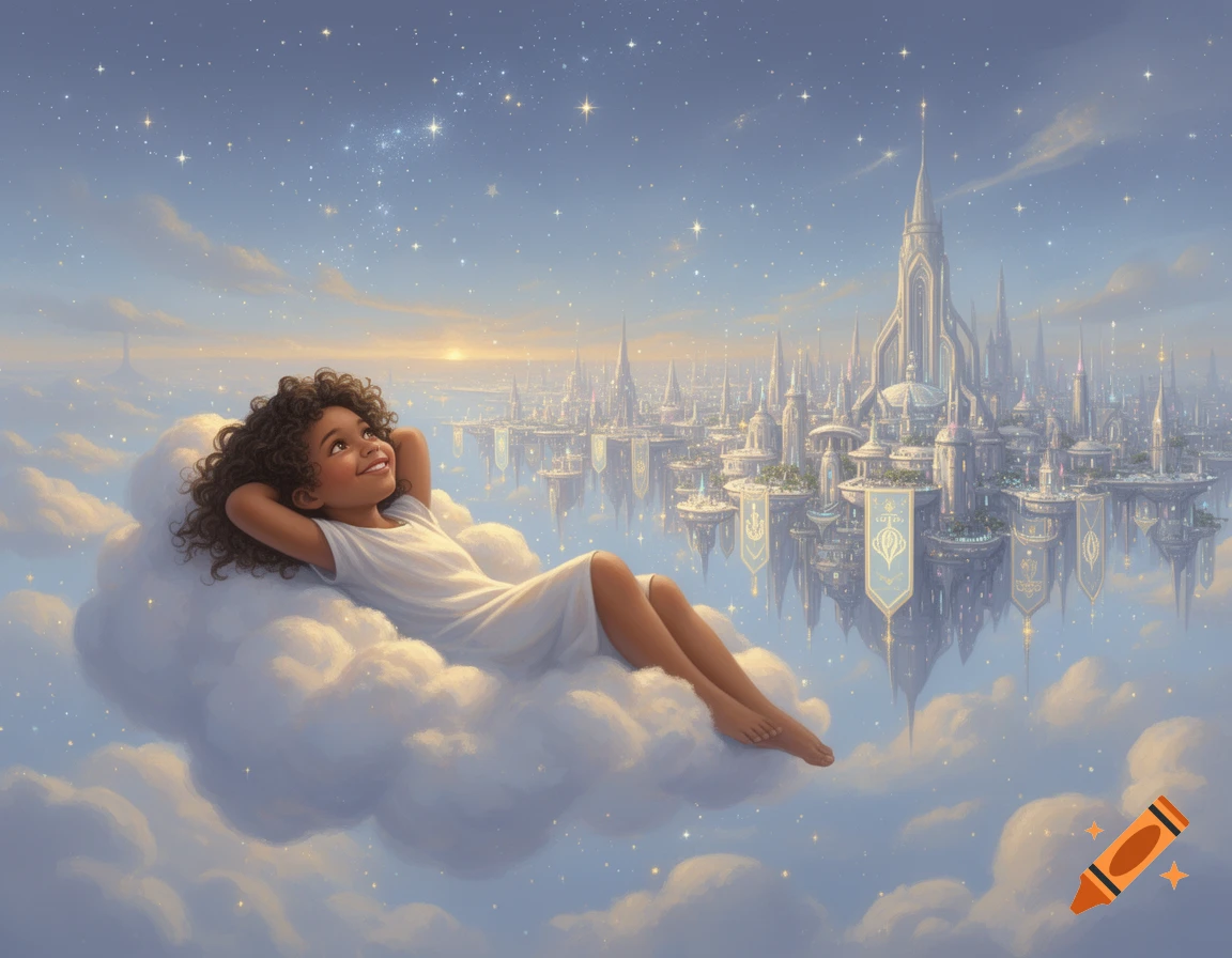 A young, curly-haired girl lies on a cloud, gazing up at a starry sky and a majestic floating city.