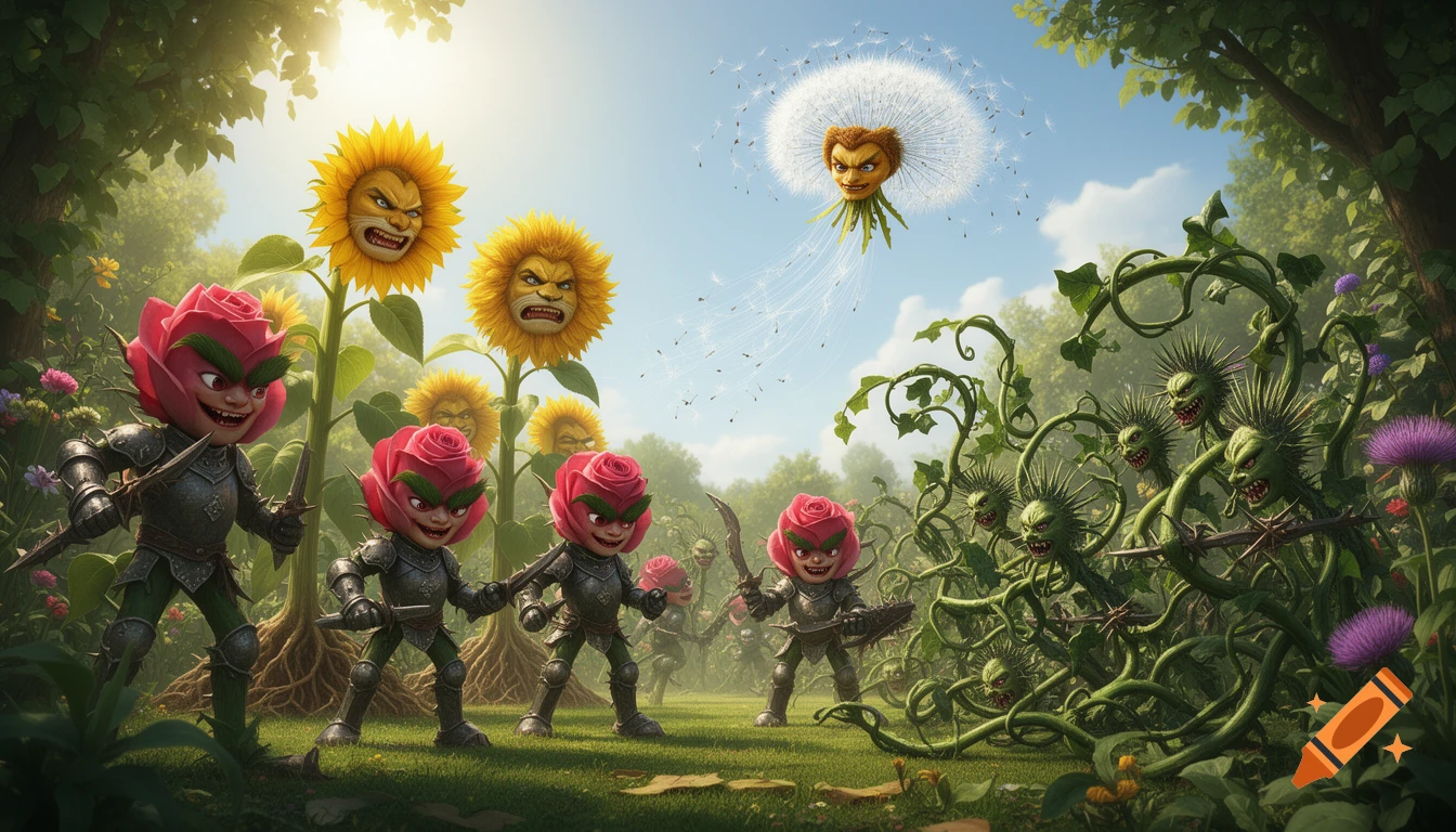 Anthropomorphic rose knights and sunflowers battle menacing ivy and thistles in a vibrant, detailed fantasy garden.