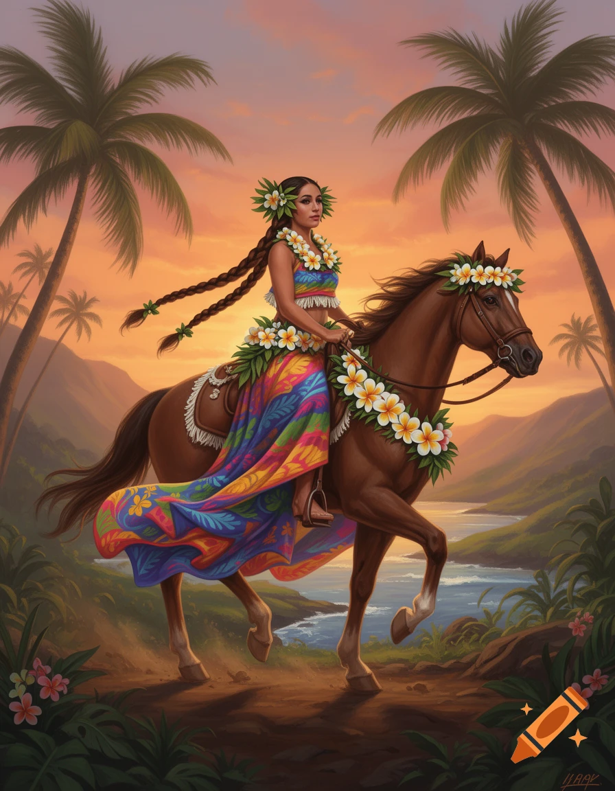 A woman in a colorful Hawaiian dress and leis rides a horse through a tropical landscape at sunset.