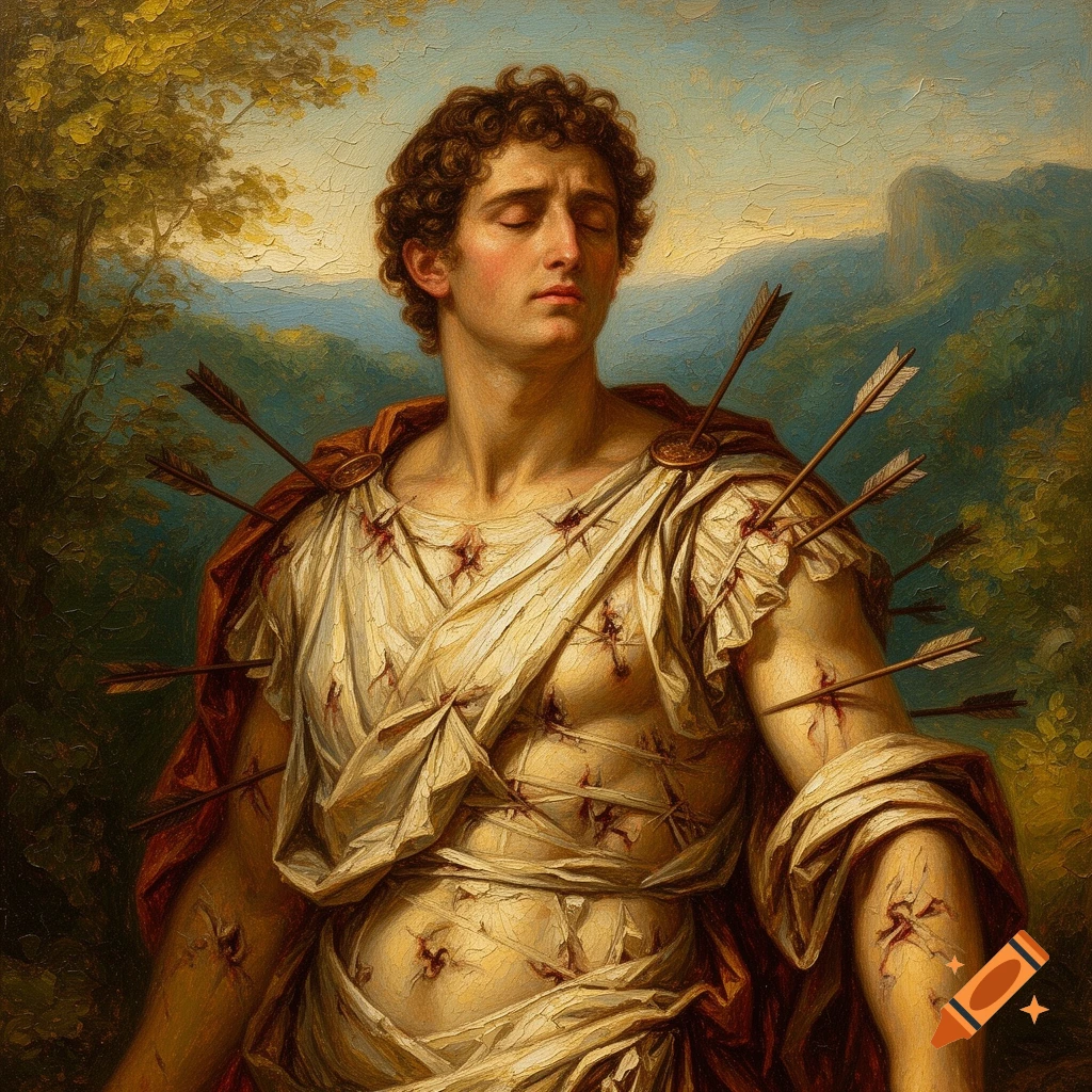 Classical oil painting of Saint Sebastian, a young man pierced by arrows, with a white tunic and a landscape background.