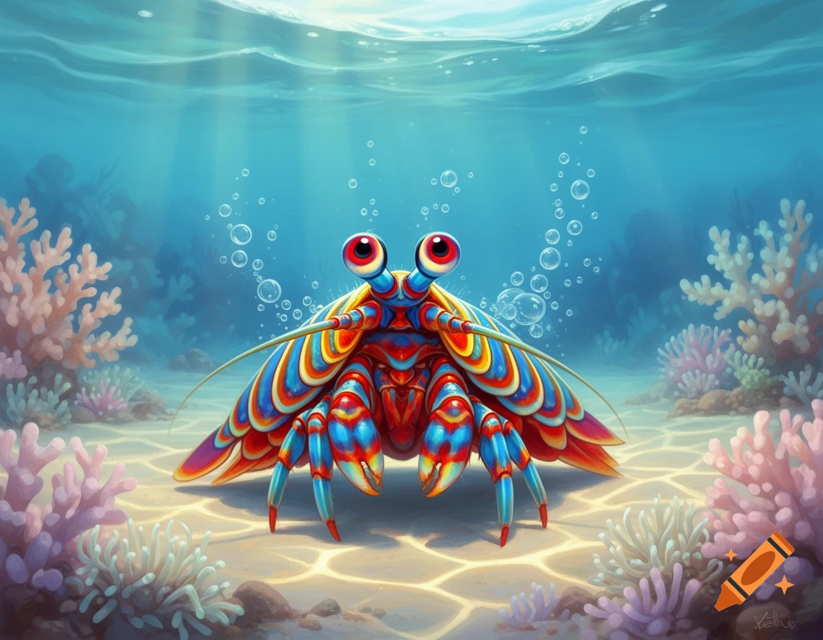 A vibrant, cartoon-style mantis shrimp with large eyes and colorful stripes on an ocean floor with coral and bubbles.