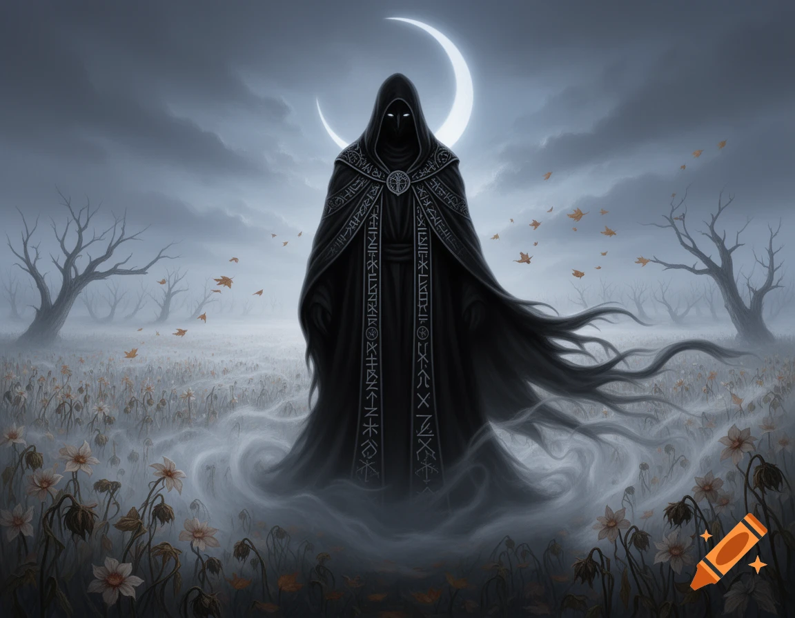 Dark fantasy art of a hooded figure with glowing eyes in a misty field ...
