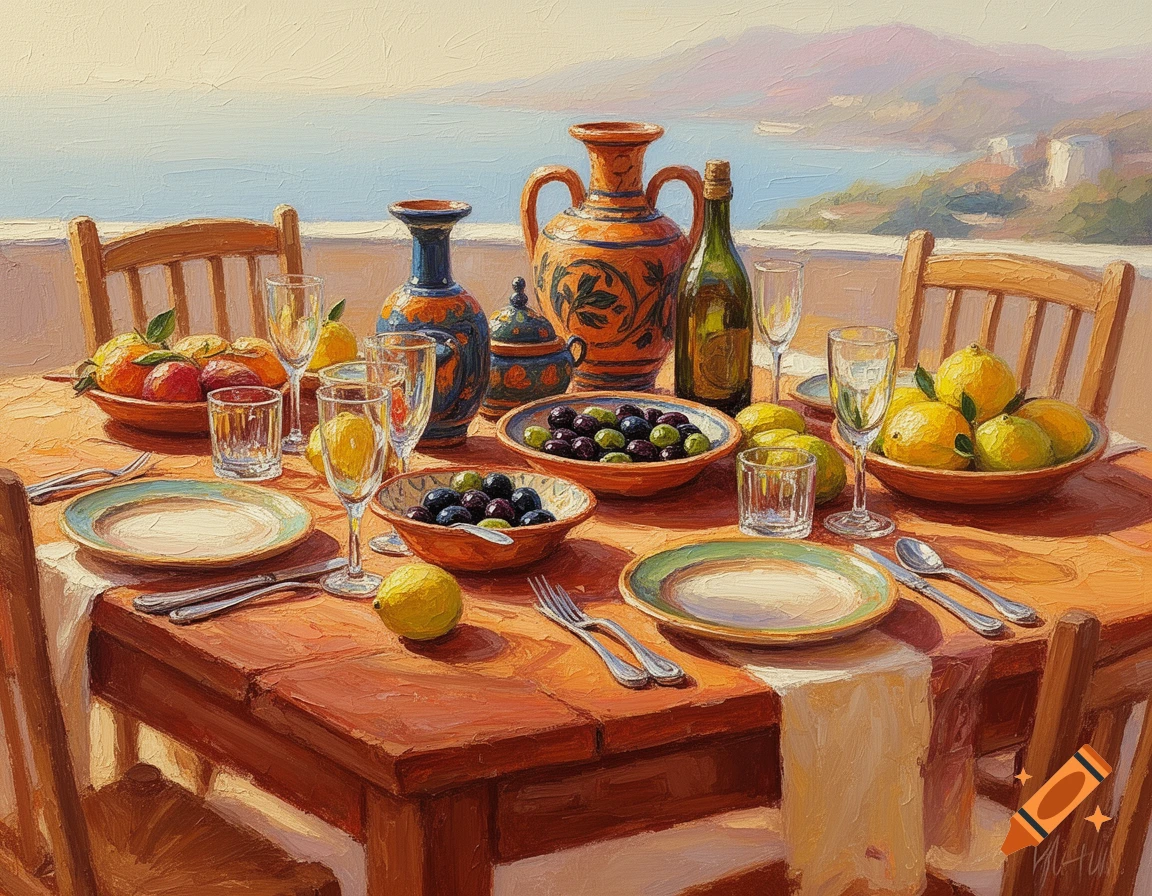 A vibrant acrylic painting of a Mediterranean table set with fruits, olives, and pottery overlooking the sea.