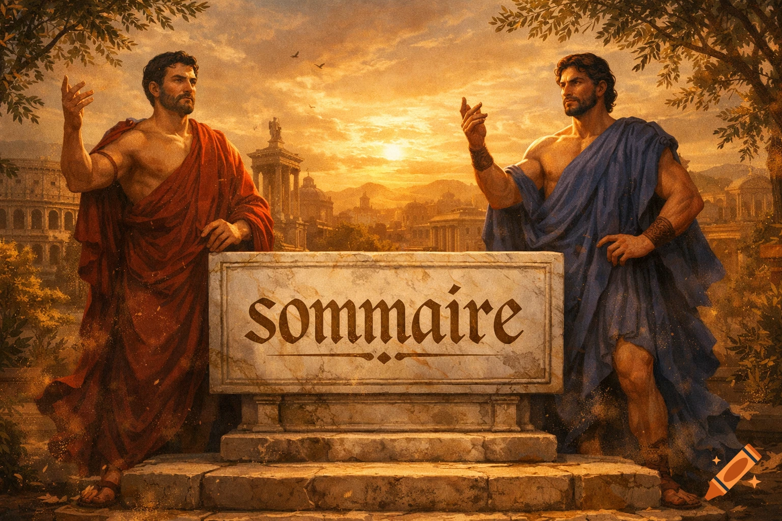 Two muscular men in Roman attire stand by a stone plaque inscribed 'sommaire' in a classical Roman city at sunset.