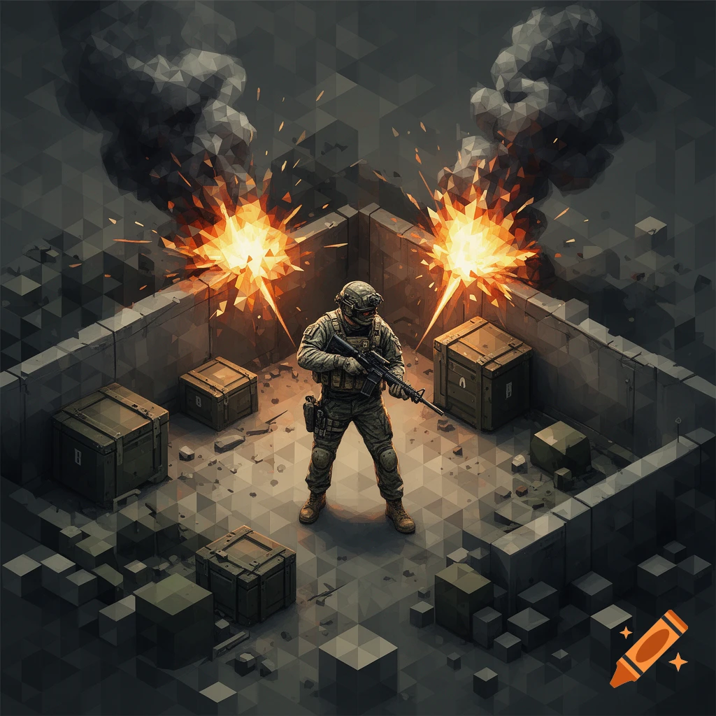 An isometric geometric scene showing a soldier with a rifle amid explosions and smoke, surrounded by military crates and walls.