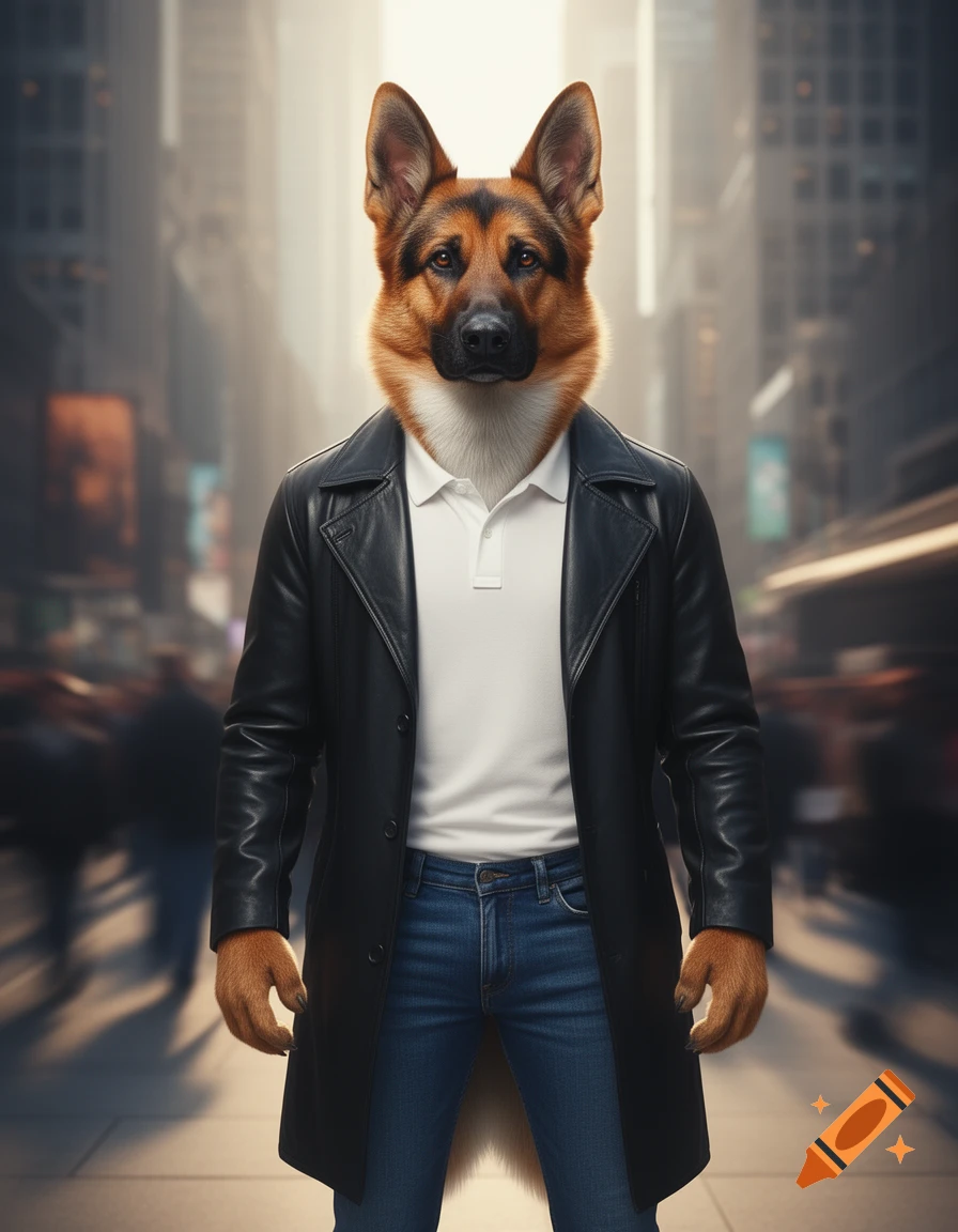 A photorealistic German Shepherd furry standing upright in a city, wearing a black coat, white polo, and blue jeans.