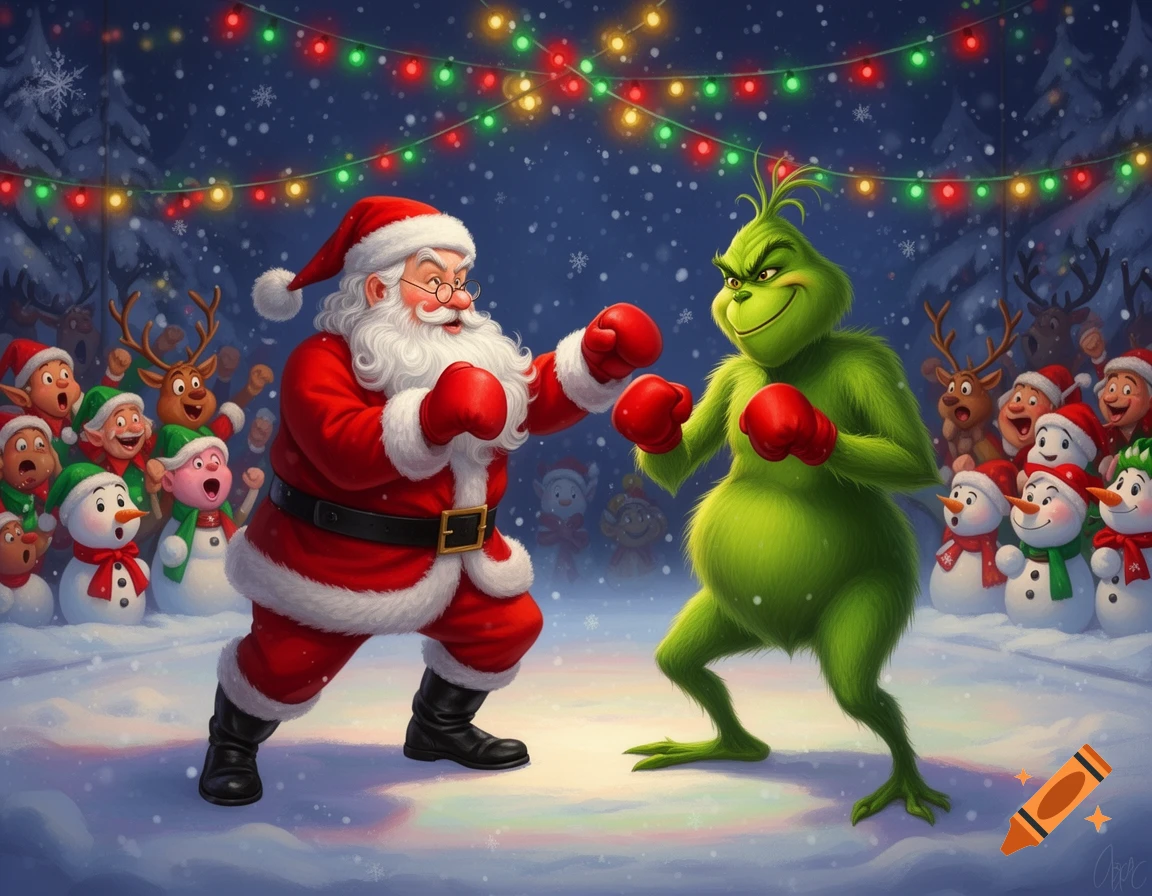 Santa Claus and the Grinch boxing in a snowy scene with Christmas lights, surrounded by cheering elves, reindeer, and snowmen.