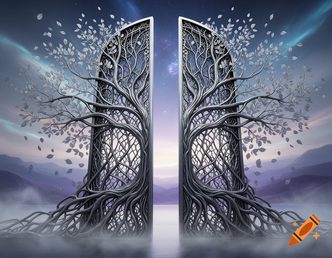 A majestic fantasy gate shaped like two halves of a metallic tree, with ...