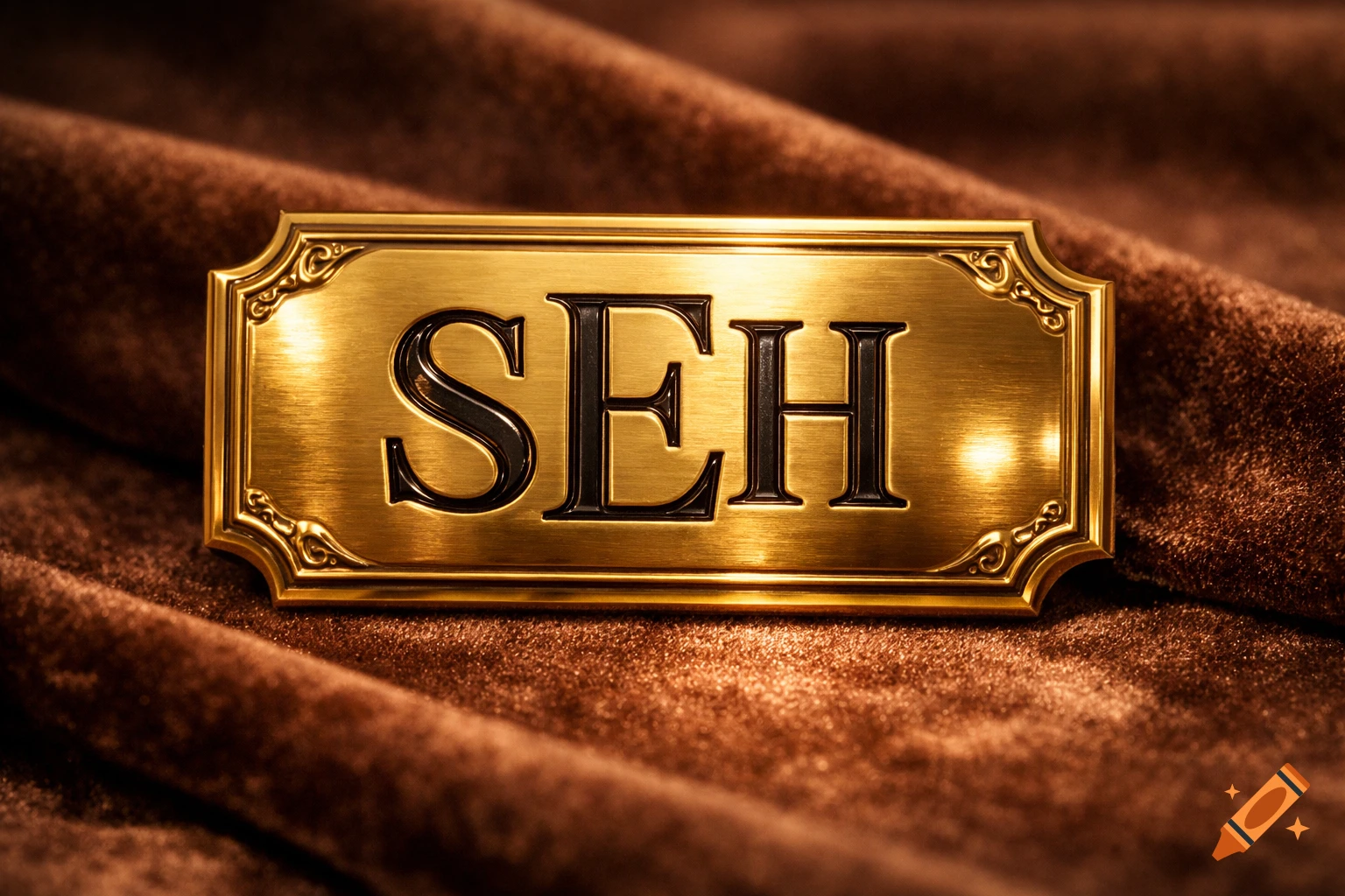 A close-up, photorealistic image of a shiny golden plaque with ornate edges, displaying the embossed letters 'SEH' on a rich brown velvet background.