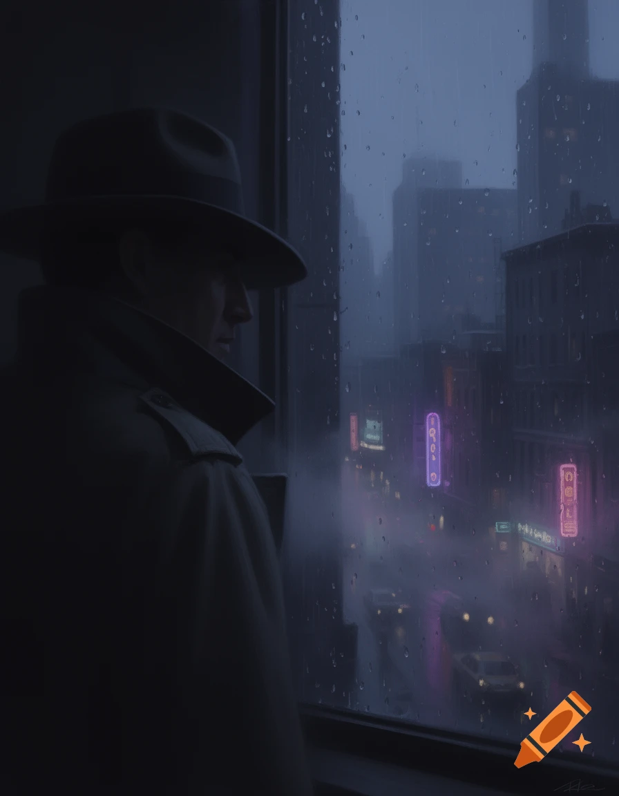 A man in a fedora and trench coat looks out a rainy window at a dark city street lit by neon signs.