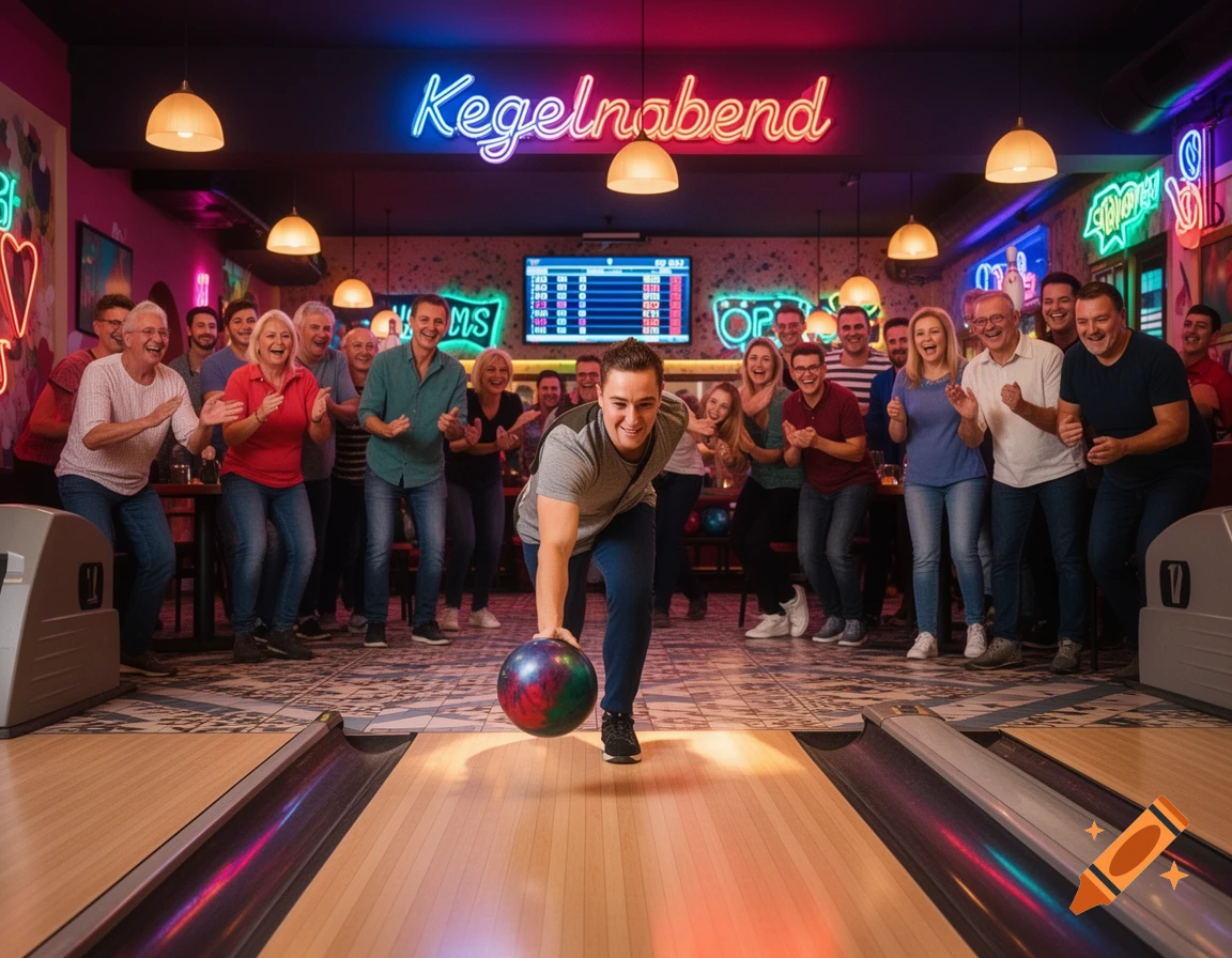 A man bowls a strike while a diverse group of friends and family cheer him on in a neon-lit bowling alley.