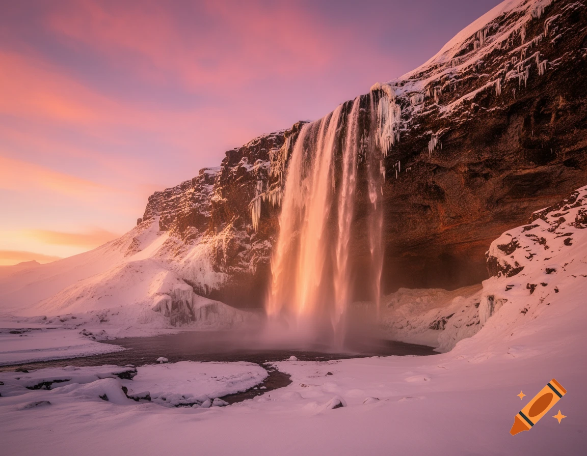 Photorealistic image of Seljalandsfoss waterfall cascading over a cliff in a snowy, icy winter landscape at sunset.