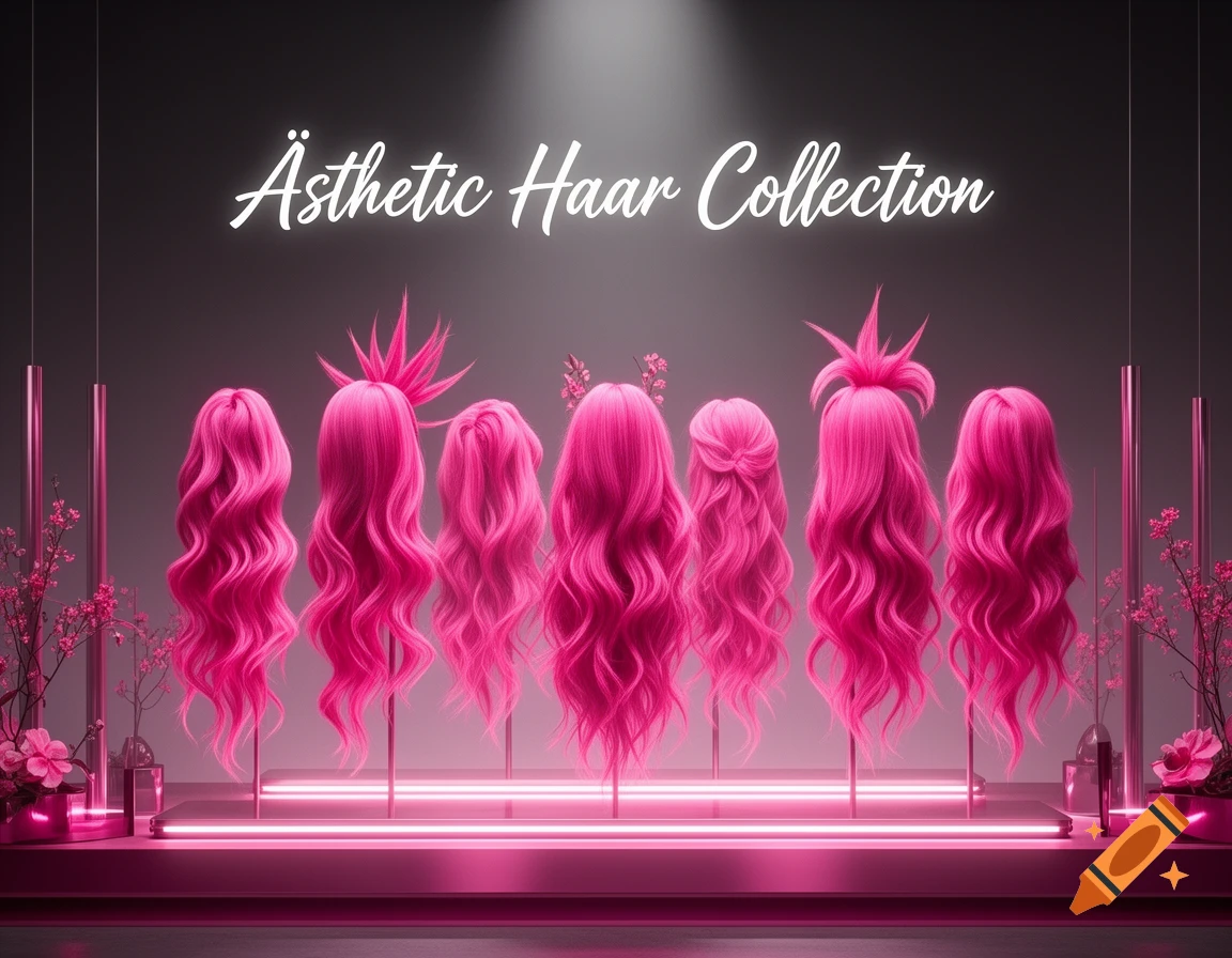 Seven vibrant pink long wigs with various styles displayed on glowing pedestals in a sleek, dark showroom with pink lighting.