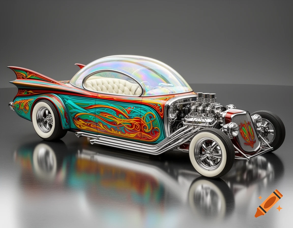Photorealistic image of a wildly colorful 1960s-style custom hot rod with a bubble top and exposed engine.