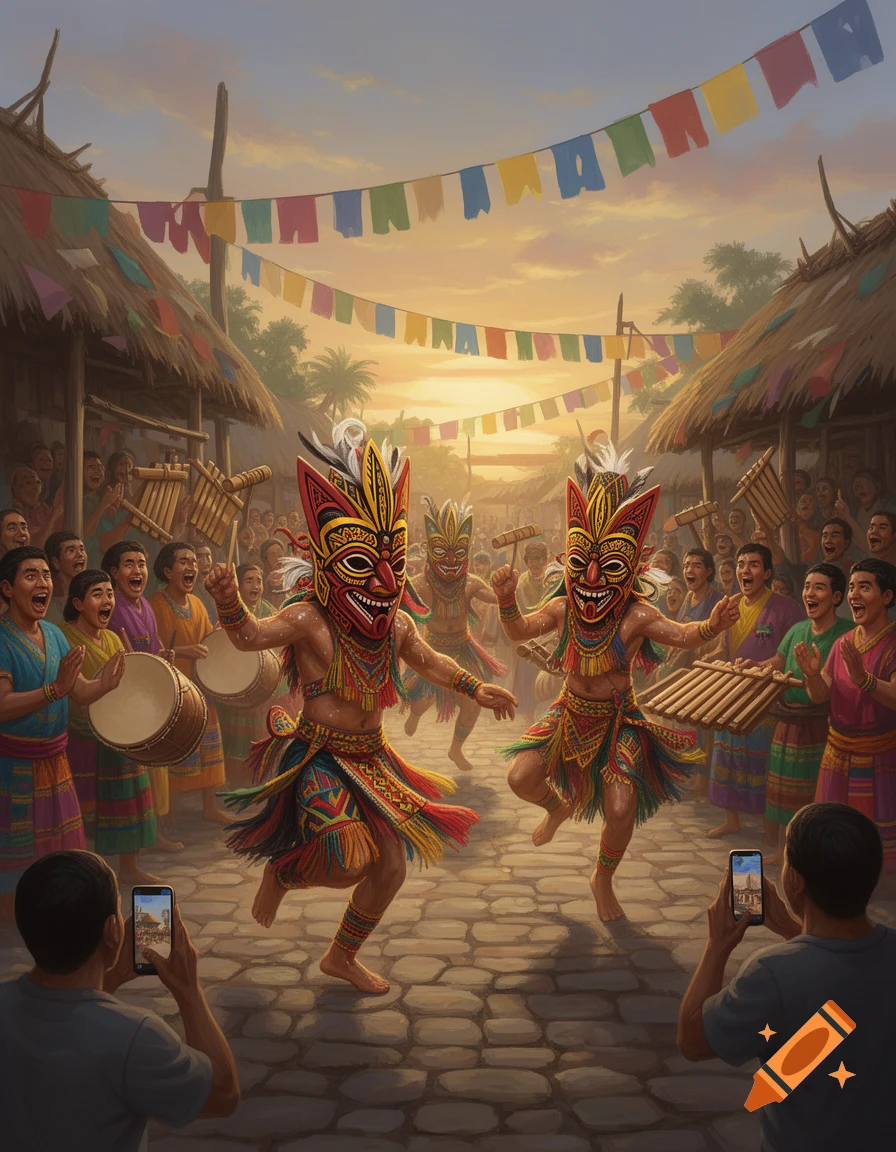 Two masked dancers in colorful traditional costumes performing at a lively outdoor festival, surrounded by a cheering crowd and musicians.