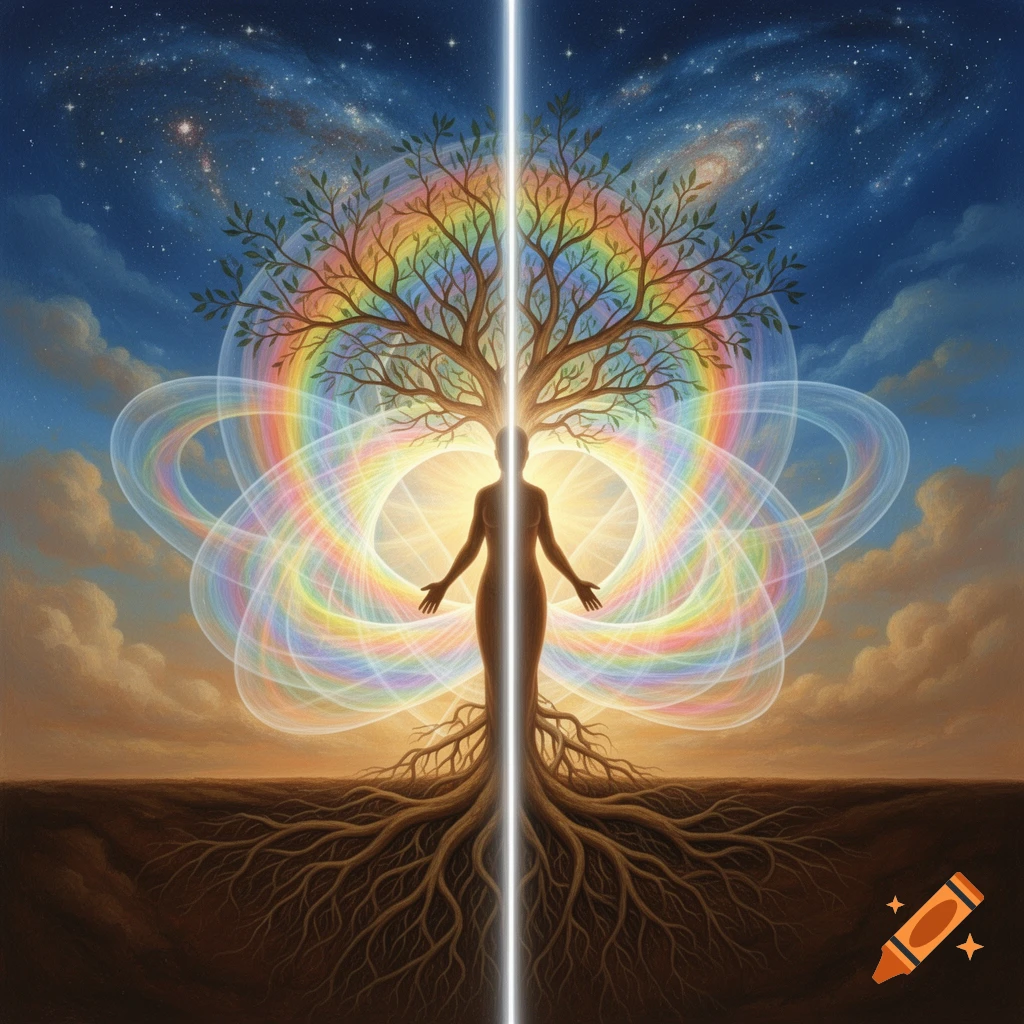 Tree Rayonism Stylized figure as a tree with roots in earth, branches to a starry sky ...