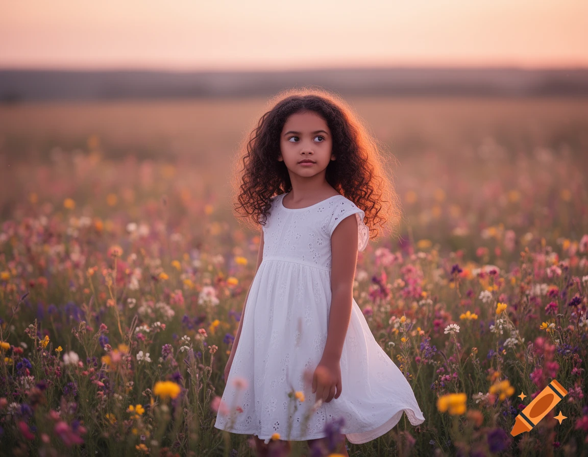 A young girl with curly hair in a white dress stands in a colorful ...