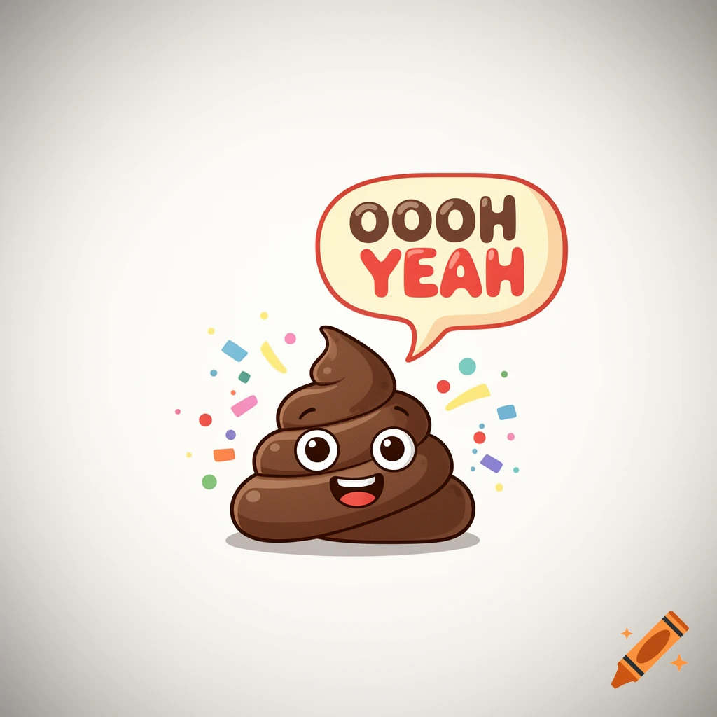 A cheerful cartoon poop emoji smiling with a speech bubble saying "OOOH YEAH" and colorful confetti around it.